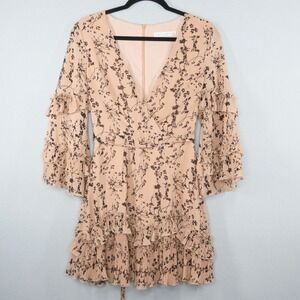 Saints + Secrets Mini Dress Womens XS Mocha Floral Print Nude Ruffles